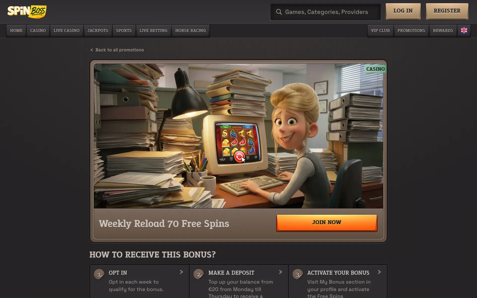 SpinBoss Weekly Reload page: 70 free spins with the three steps to claim them
