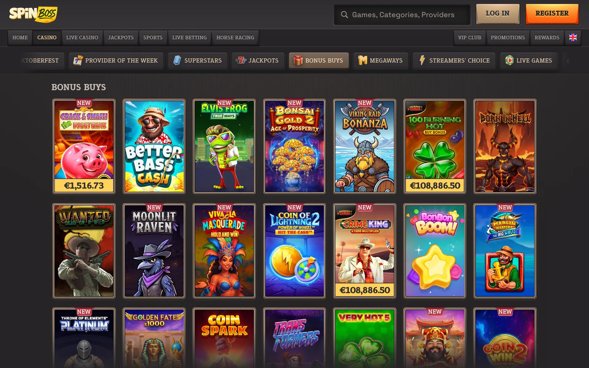 SpinBoss Casino Bonus Buys shelf with rows of feature-buy slot tiles