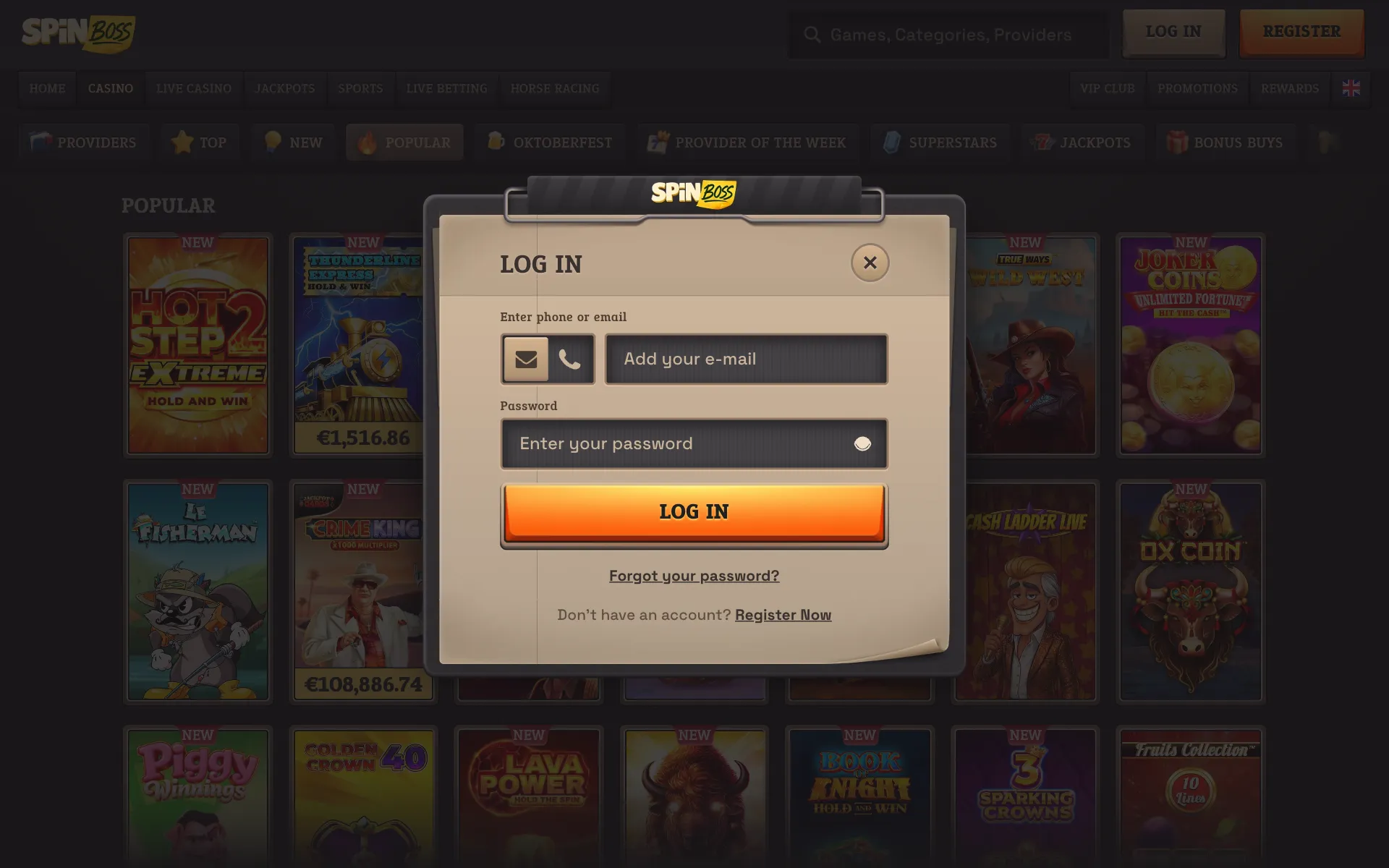 SpinBoss log-in window with phone or e-mail and password over the Popular games